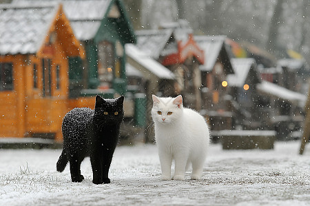 黑猫白猫对视在雪夜小镇高清图片下载-正版图片603090903-摄图网