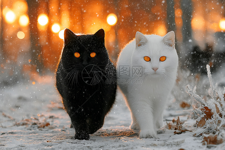 雪中黑猫白猫并肩前行高清图片下载-正版图片603090726-摄图网