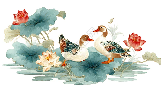 莲花池中游鸭与盛开的荷花插画图片下载-正版图片603318387-摄图网
