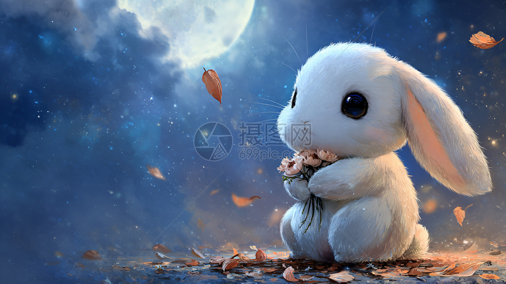 星空下赏月的白色兔子插画图片下载-正版图片603429826-摄图网