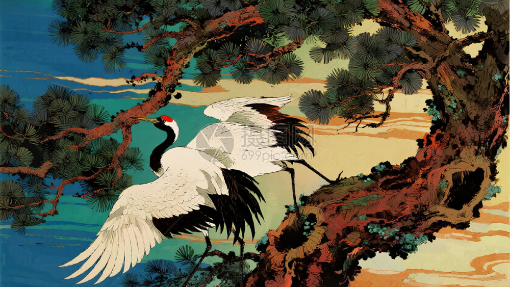 松树枝干上两只仙鹤展翅插画图片下载-正版图片603441808-摄图网