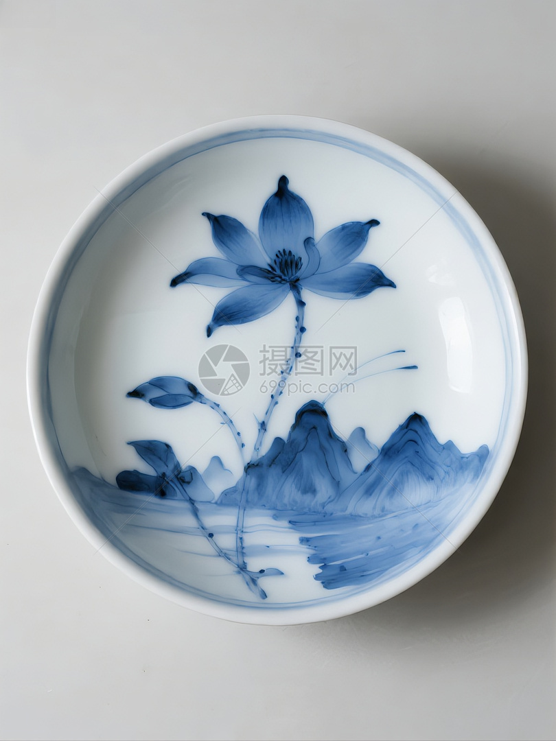 青花瓷盘上的莲花山水图案高清图片下载-正版图片603461038-摄图网