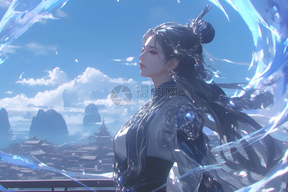 古装女性站立山巅蓝光环绕插画图片下载-正版图片603944729-摄图网