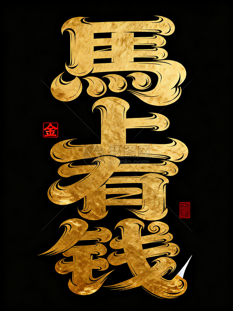 黑色背景金色书法马上有钱插画图片下载-正版图片604075781-摄图网