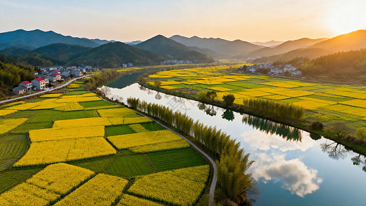 航拍视角下的乡村油菜花田与徽派建筑高清图片下载-正版图片604200900-摄图网