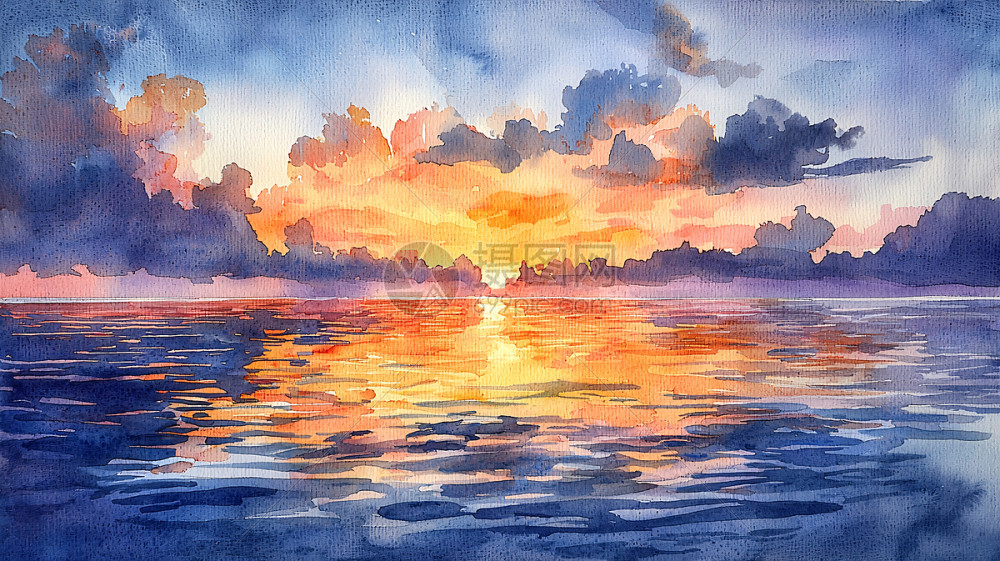 水彩风格的日落海景插画图片下载-正版图片700189123-摄图网