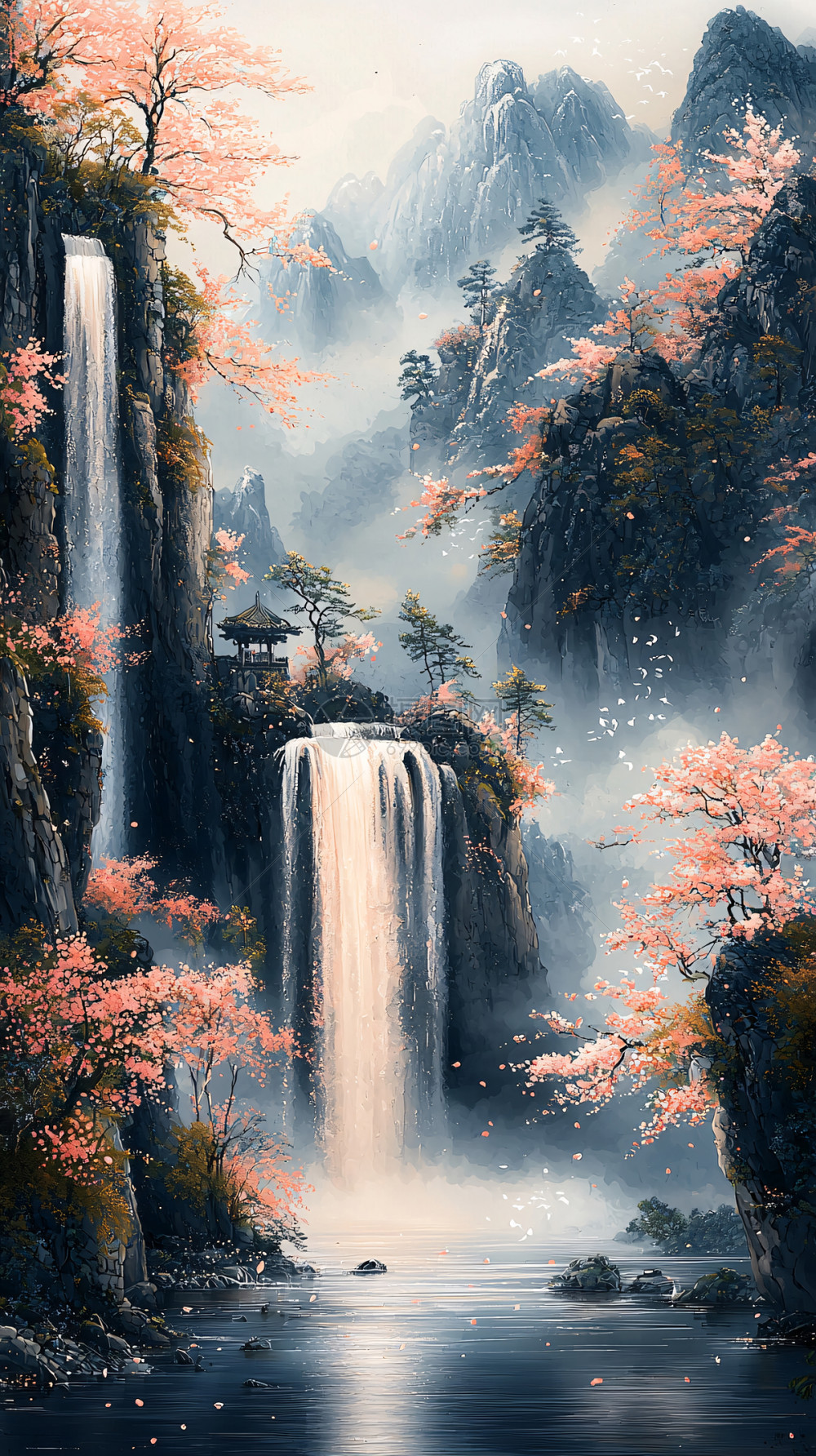 山水瀑布桃花仙境插画图片下载-正版图片700189395-摄图网