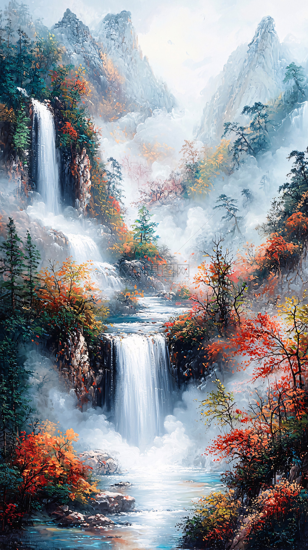 秋季山水瀑布插画图片下载-正版图片700189743-摄图网