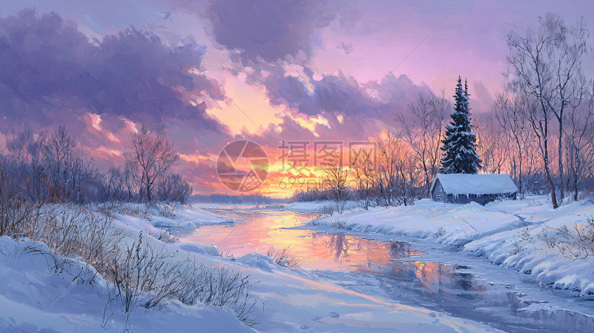 冬日夕阳下的雪景油画插画图片下载-正版图片700193782-摄图网