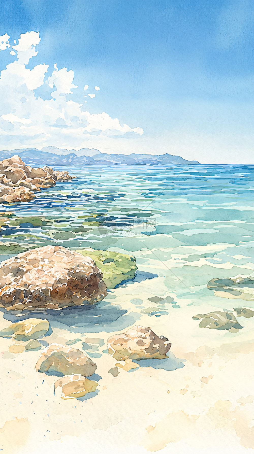 水彩海滩岩石风景插画图片下载-正版图片700198038-摄图网