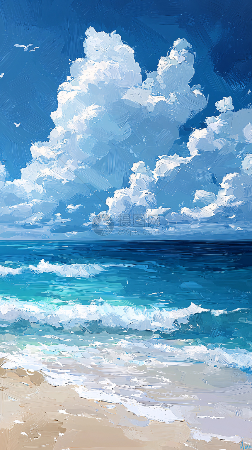 海边蓝天白云油画风格插画图片下载-正版图片700212152-摄图网