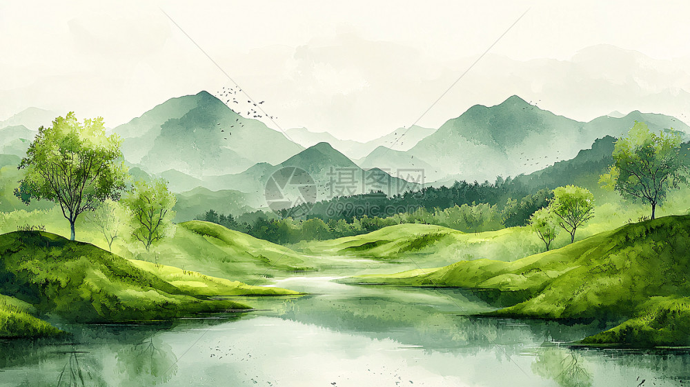 水彩绿色山水画插画图片下载-正版图片700262970-摄图网