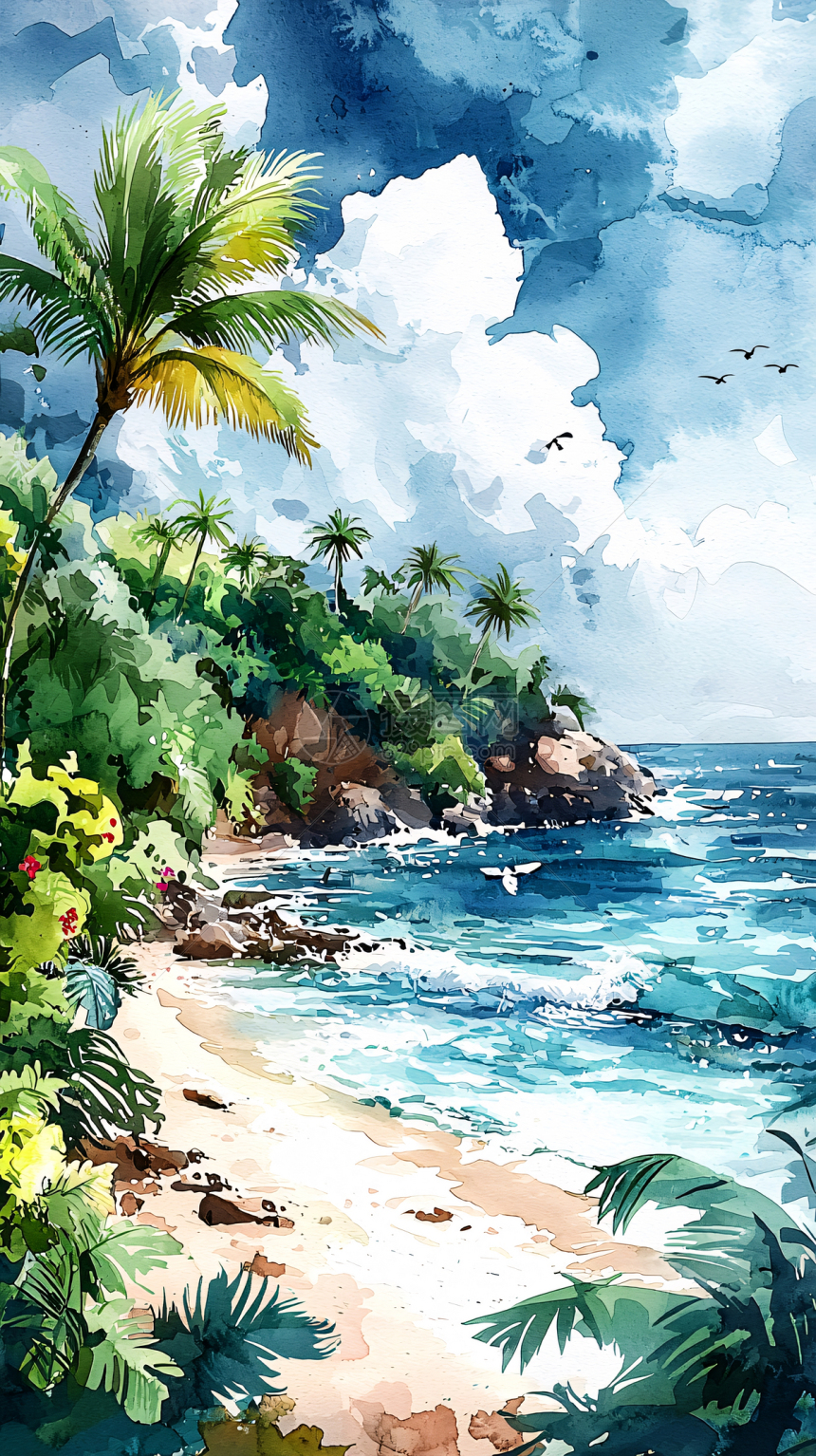 水彩画海滩风景插画图片下载-正版图片700436067-摄图网