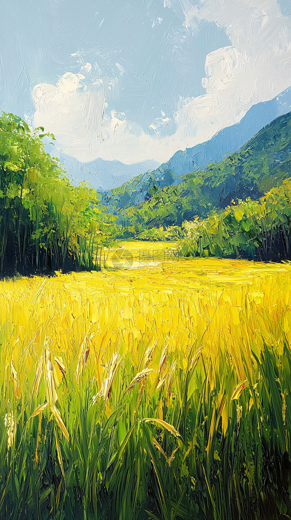 金黄稻田油画风景插画图片下载-正版图片700441882-摄图网