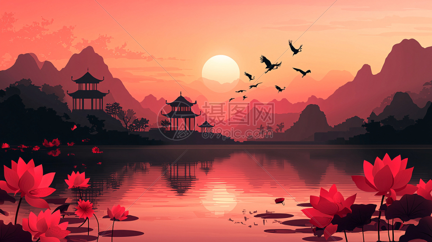 日落山水水墨画插画图片下载-正版图片700457060-摄图网