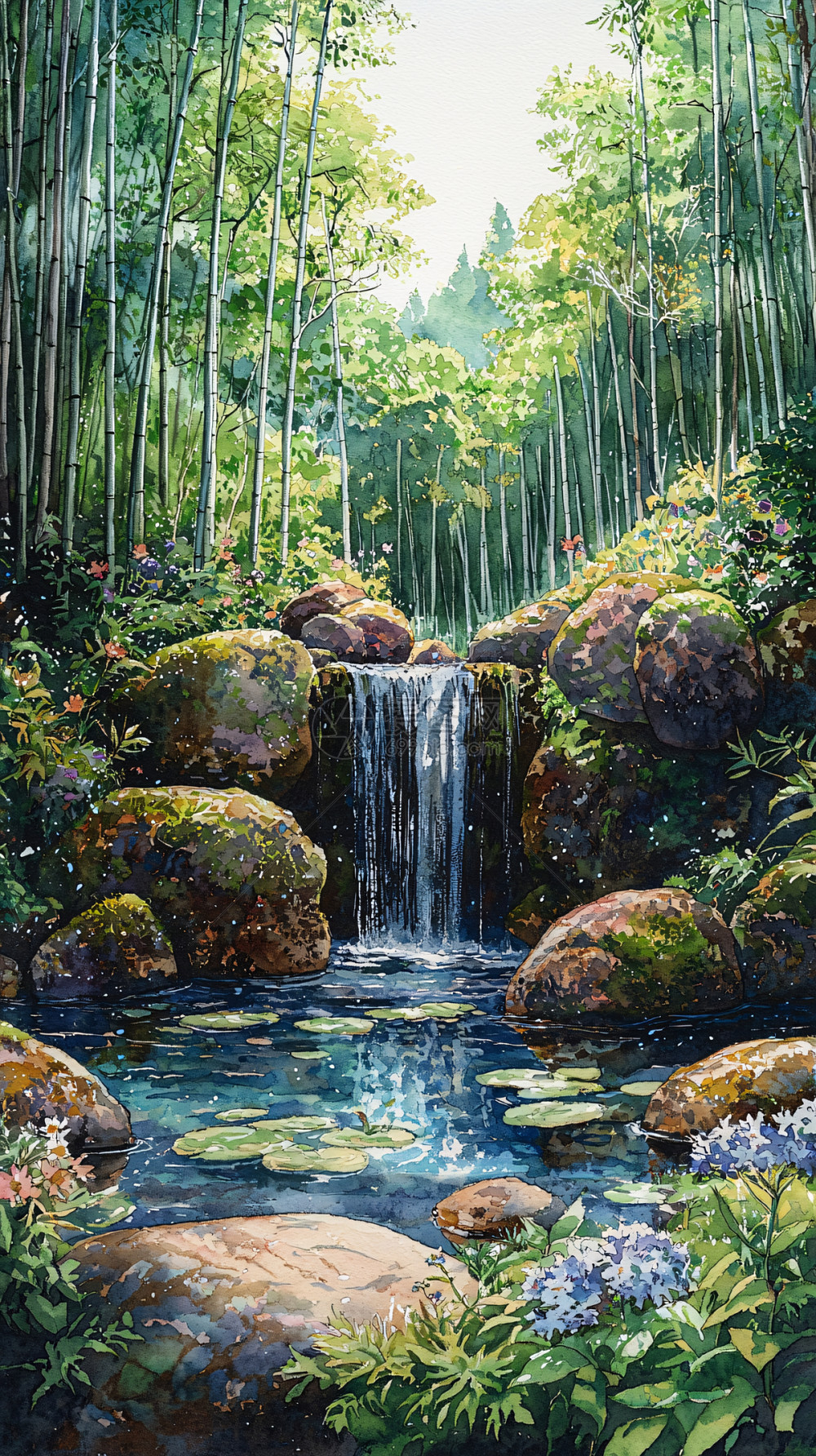 竹林瀑布水彩画插画图片下载-正版图片700475401-摄图网