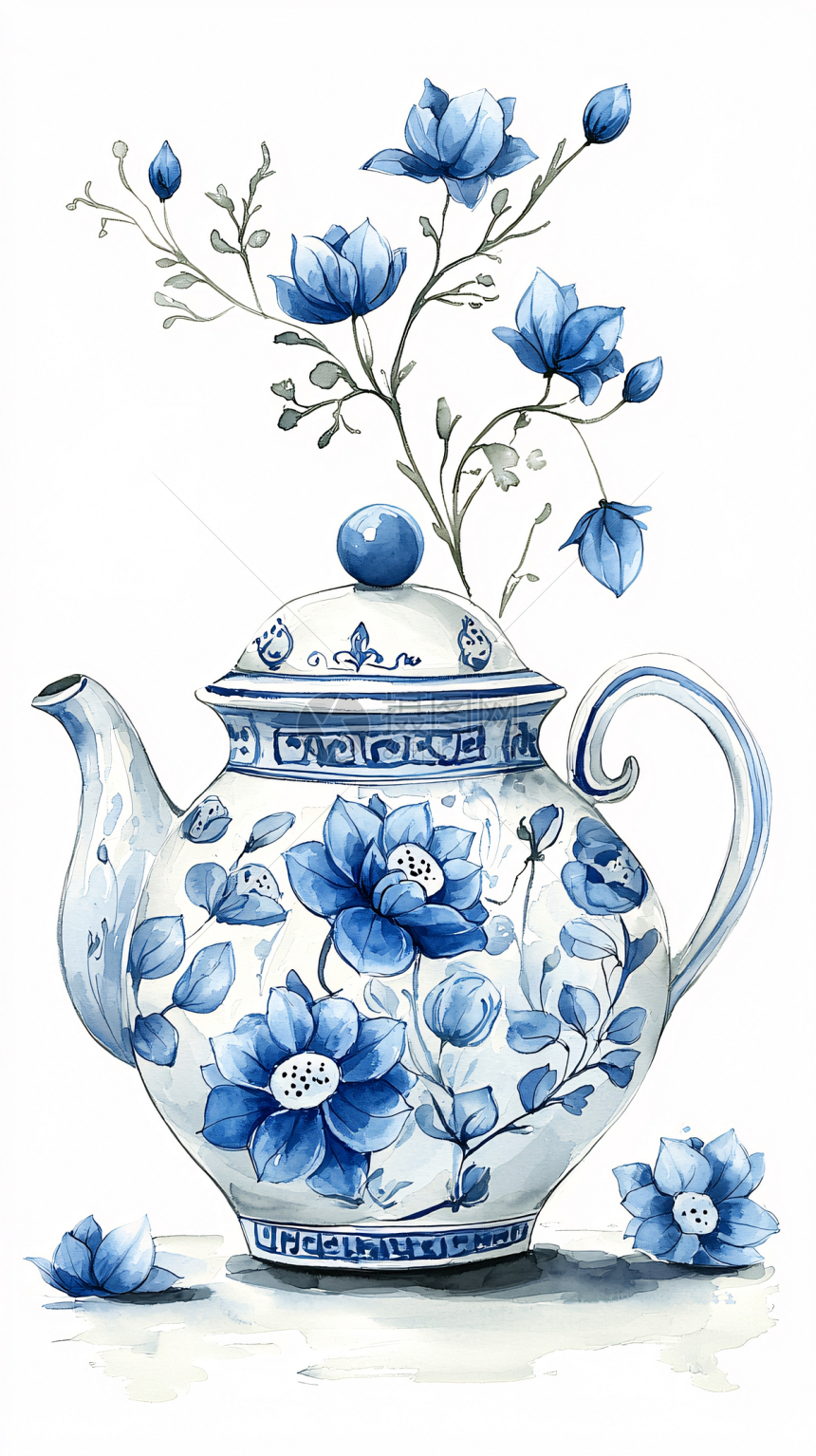 青花瓷茶壶花卉水彩画插画图片下载-正版图片700489382-摄图网