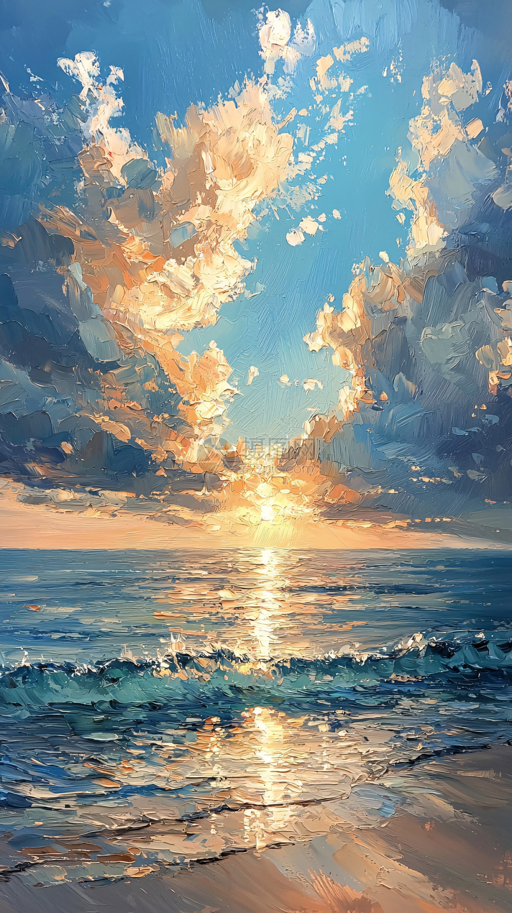 海面日出云彩油画插画图片下载-正版图片700497329-摄图网