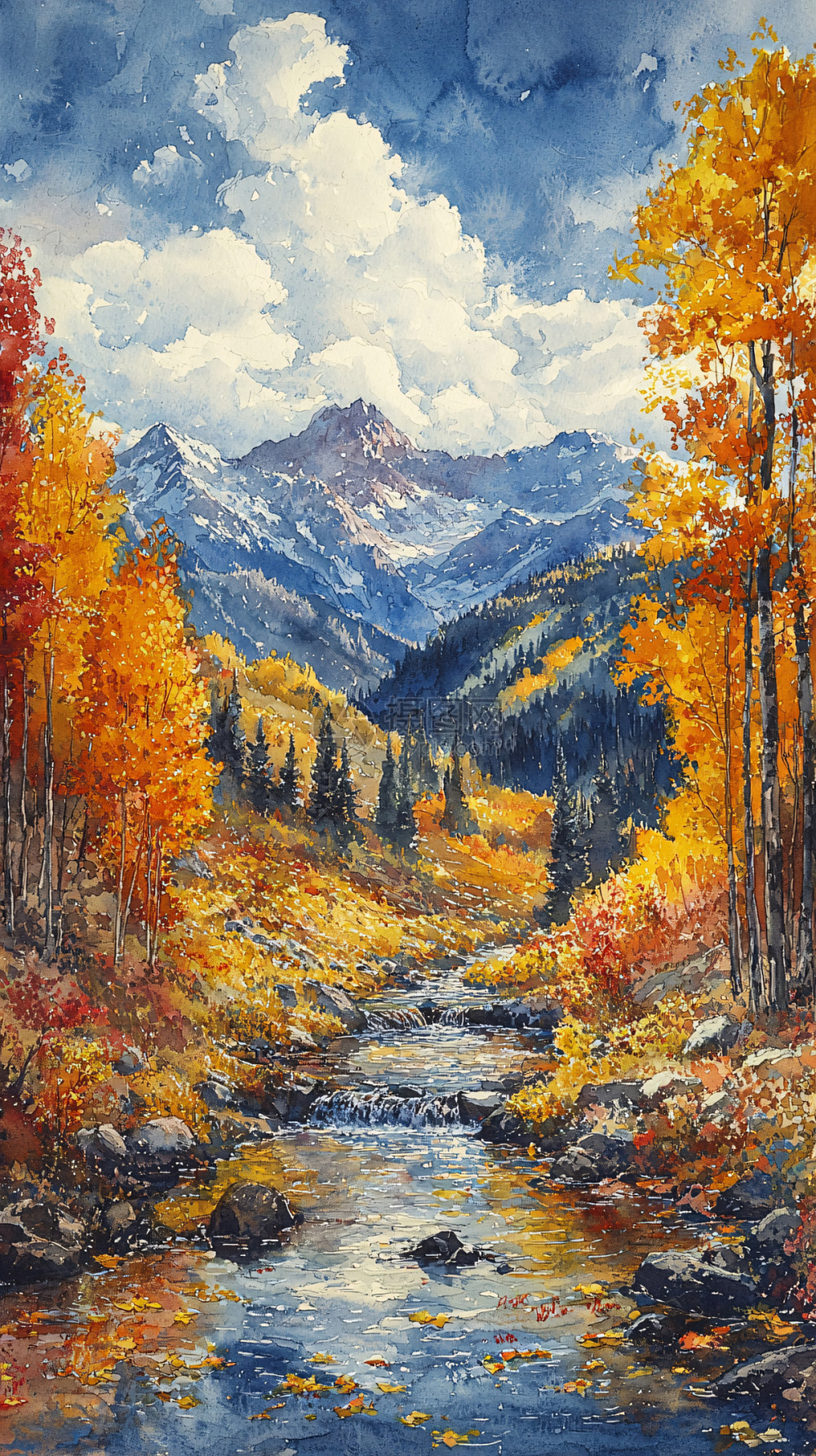 秋日山间小溪风景油画插画图片下载-正版图片700500446-摄图网