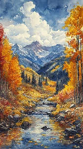 秋日山间小溪风景油画插画图片下载-正版图片700500446-摄图网
