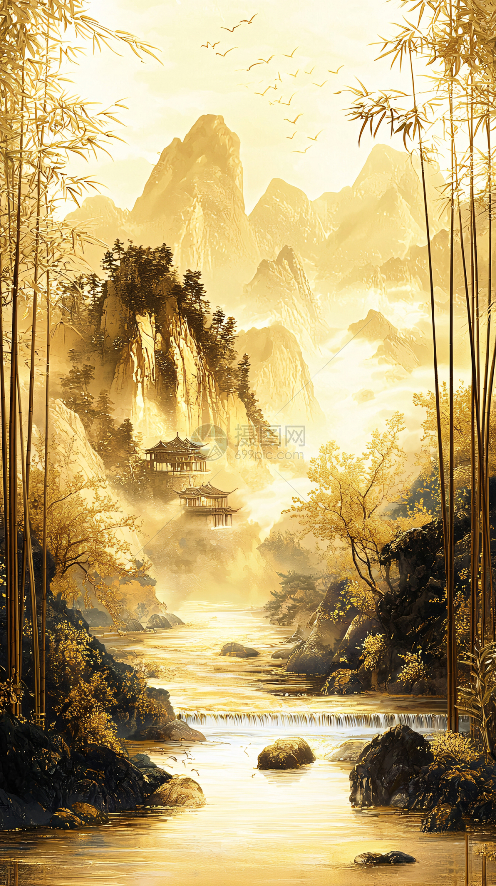 金色山水画插画图片下载-正版图片700500709-摄图网