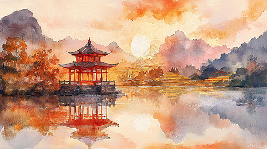 水墨画日落插画图片下载-正版图片700507886-摄图网