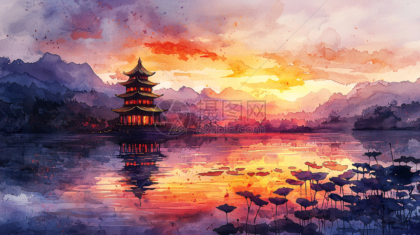 水墨画　大日方岳峰(大日方岳葉)作　8号 水墨画日落插画图片下载-正版图片700507886-摄图网