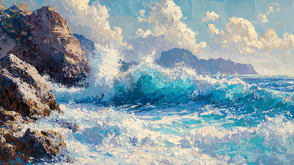 海岸岩石与海浪的油画风场景插画图片下载-正版图片700511473-摄图网