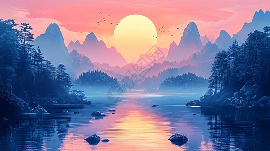 山水日落风景图片_山水日落风景素材_山水日落风景高清图片_摄图网图片