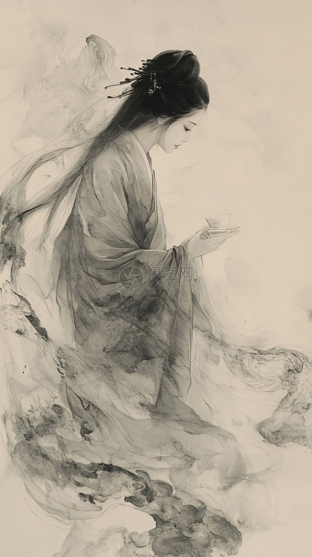 水墨画仕女图插画图片下载-正版图片700527428-摄图网