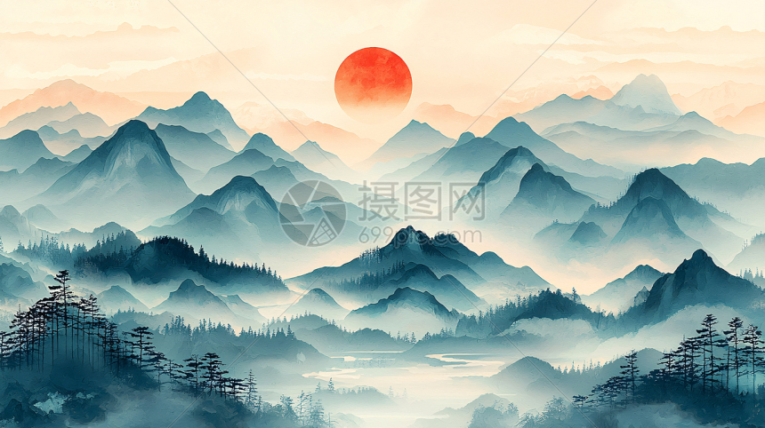 水墨山水日出东方意境插画图片下载-正版图片700528174-摄图网