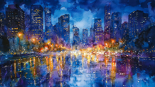 水彩画夜景城市插画图片下载-正版图片700530882-摄图网