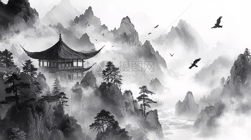 水墨画山水插画图片下载-正版图片700543014-摄图网