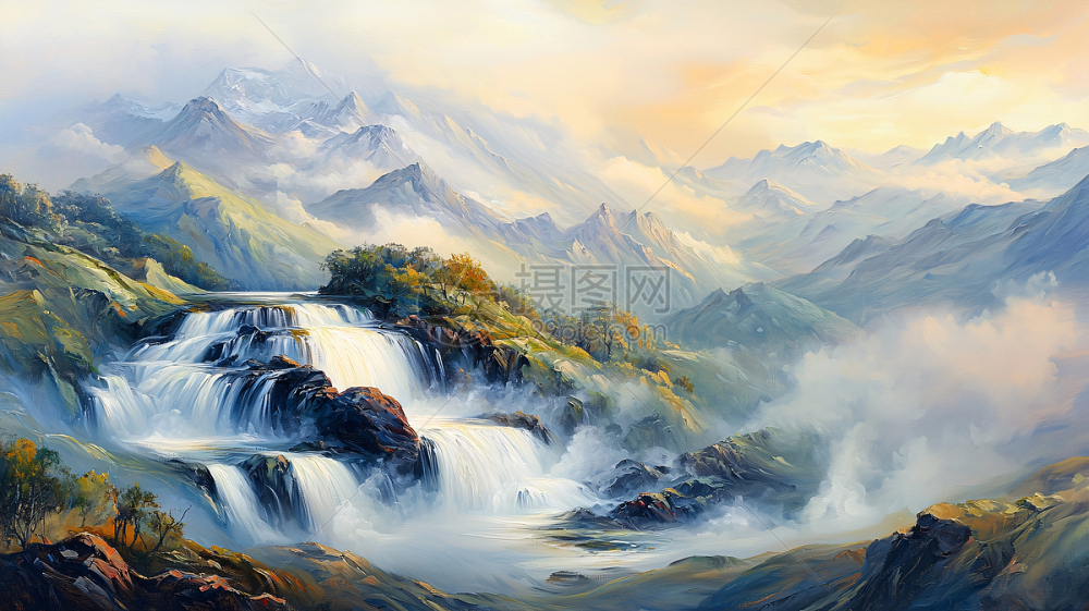 山间瀑布风景油画插画图片下载-正版图片700548450-摄图网