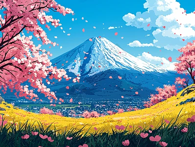 富士山樱花田野插画图片下载-正版图片700550131-摄图网