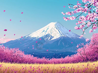 富士山と桜 油彩画“冬天到了，春天还会远吗？” 富士山樱花田野插画图片下载-正版图片700550131-摄图网