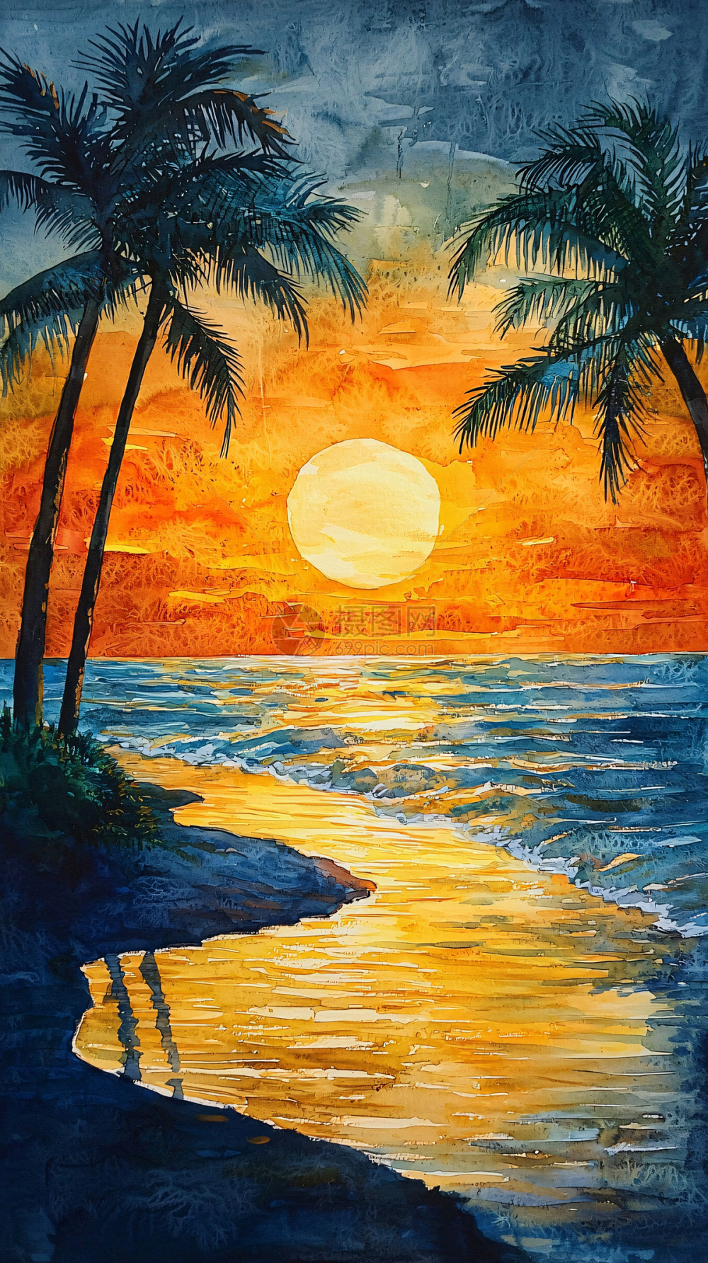 海滩日落椰树风景画插画图片下载-正版图片700565020-摄图网