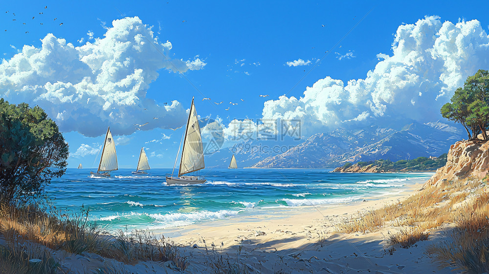 帆船海景 帆船の海景プリント 柔らかな海岸の夕焼けの絵画 デジタル