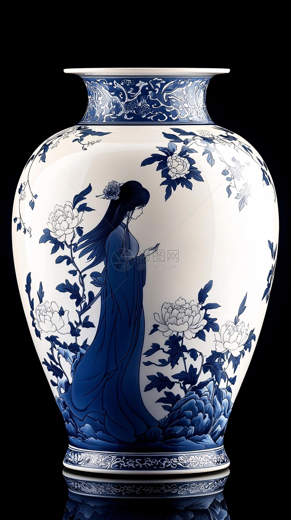 青花瓷人物花卉纹瓶插画图片下载-正版图片700571104-摄图网