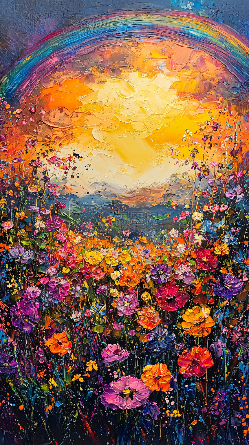 油画风格的花田与彩虹插画图片下载-正版图片700601797-摄图网