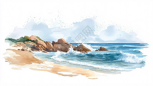 海滩岩石水彩风格风景画插画图片下载-正版图片700605422-摄图网