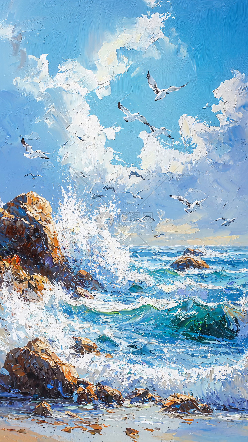 海浪拍打岩石的海景油画插画图片下载-正版图片700610275-摄图网