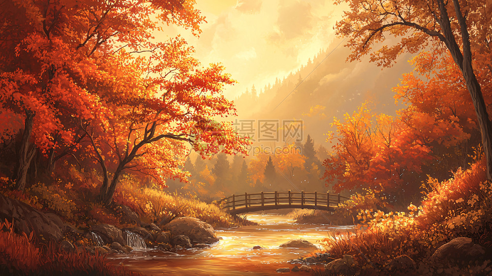 秋日森林小溪美景插画图片下载-正版图片700616569-摄图网
