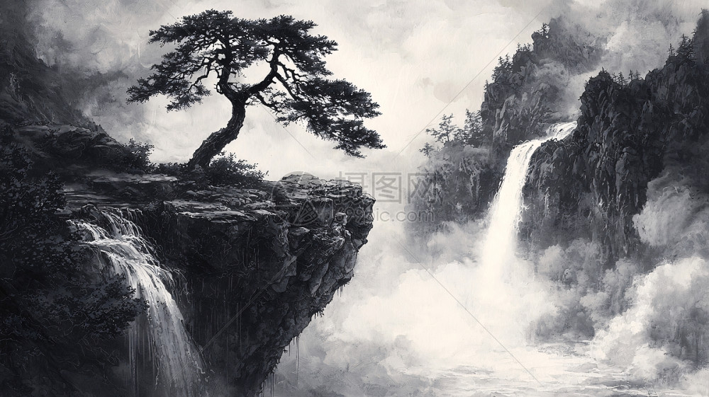 孤树瀑布水墨画插画图片下载-正版图片700620979-摄图网
