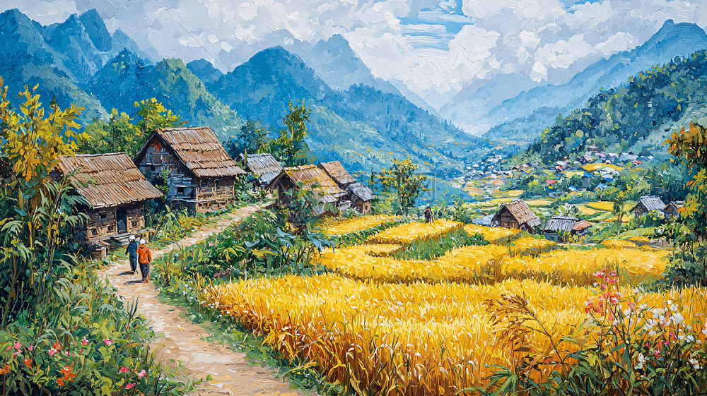 油彩風 風景画 田園風景 村落 春景 装饰画 額装 山村風景 #350 山村田园风光插画图片下载-正版图片700625285-摄图网