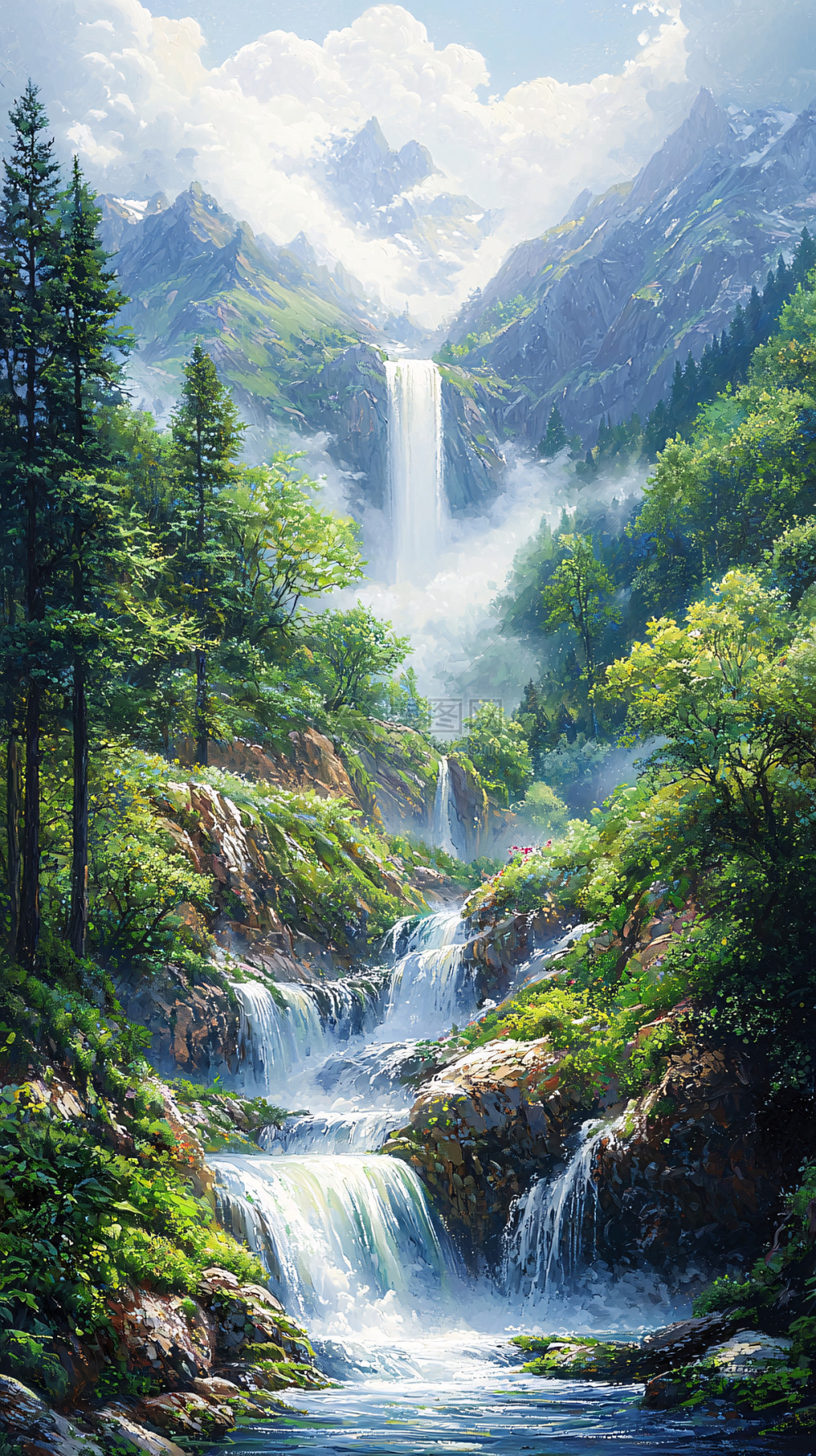 高山瀑布插画图片下载-正版图片700627181-摄图网
