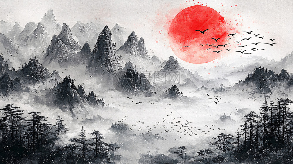 水墨山水日出飞鸟中国风意境插画图片下载-正版图片700636561-摄图网