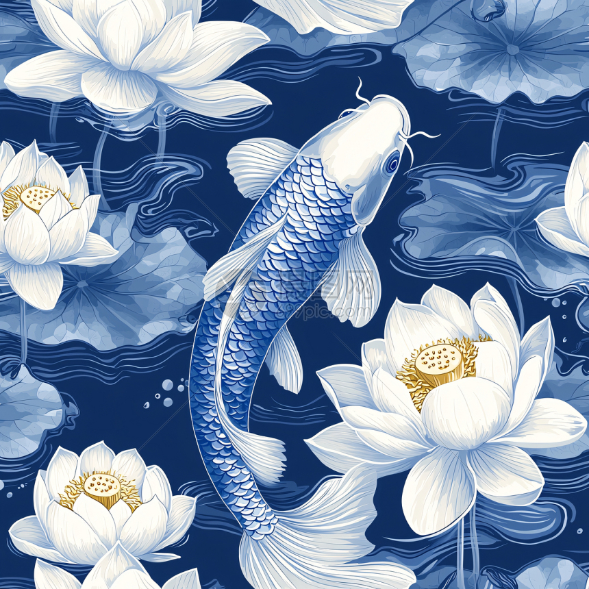 青花瓷锦鲤荷花图案插画图片下载-正版图片700638375-摄图网