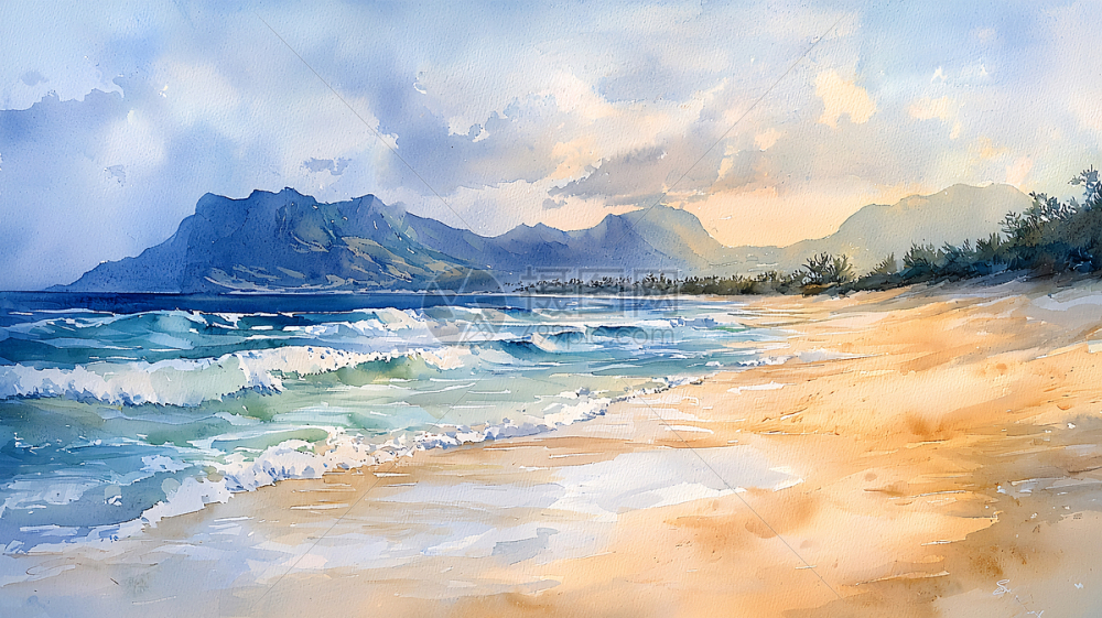 水彩海滩风景插画图片下载-正版图片700651053-摄图网