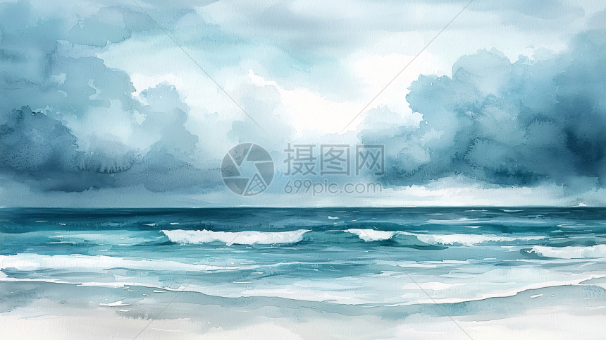 水彩风格海景与阴天插画图片下载-正版图片700651317-摄图网